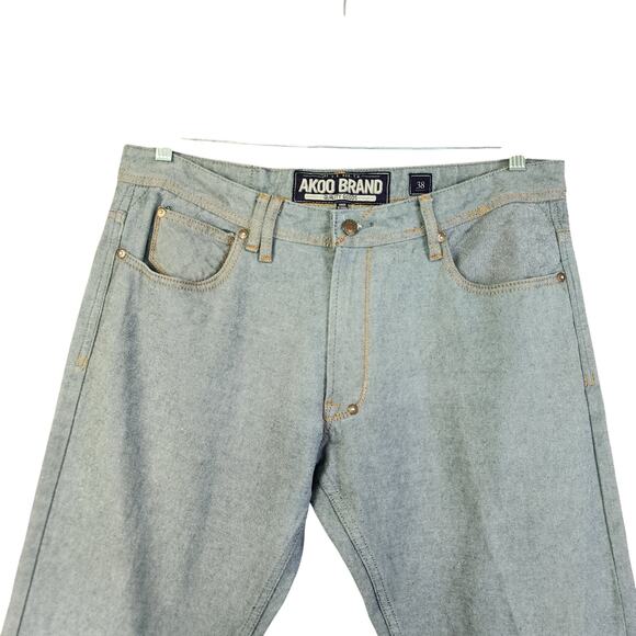 Akoo Brands Mens Jeans Size 38 Light Wash Straight Fit Hip Hop Skate Streetwear - Picture 2 of 15